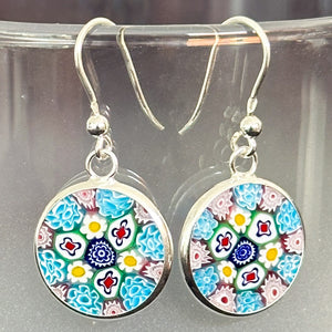 Millefiori drop earrings multicolour silver 14mm