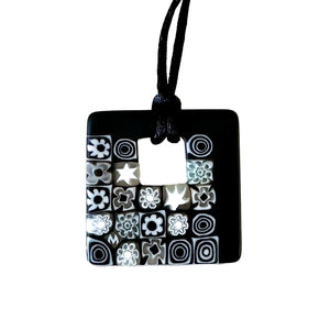 Large square black and millefiori pendant with black cord