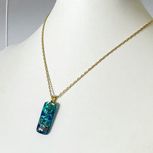 Murano plate glass long thin rectangle pendant with gold chain