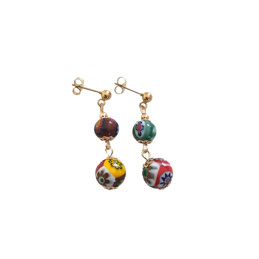 Multicolour millefiori bead double drop earring