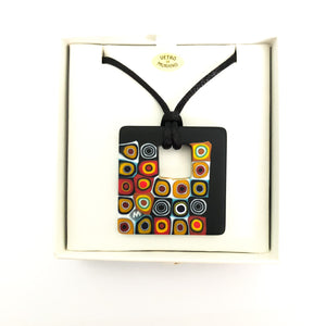 Large square black and millefiori pendant with black cord