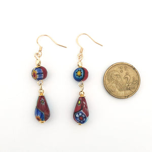 Multicolour millefiori teardrop bead earring